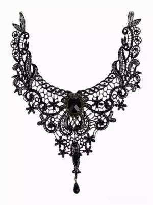 Gothic black lace choker necklace with floral cut-out heart pendant front view direct angle bronze gem frame