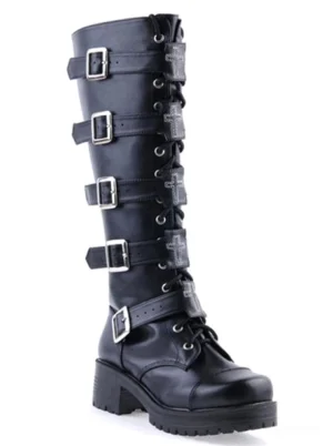 single black gothic platform boot left three-quarter angle showing stacked silver buckle straps and chunky platform sole