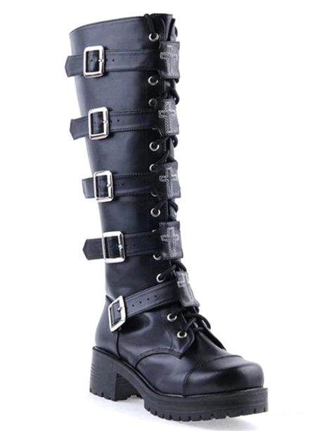 single black gothic platform boot left three-quarter angle showing stacked silver buckle straps and chunky platform sole