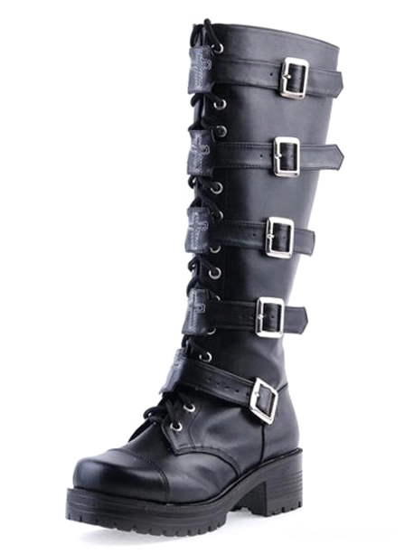 single black gothic boot right three-quarter side view showing lace-up front closure and silver buckle hardware