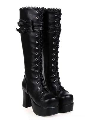 Gothic black Lolita knee-high platform boots with dual leather bows, lace-up front, scalloped collar and chunky block heels, front paired display