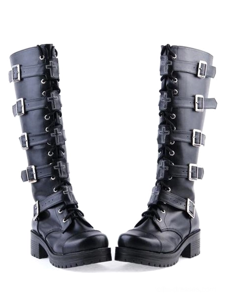 paired black gothic combat platform boots front direct view showing multiple silver buckles and chunky platform construction