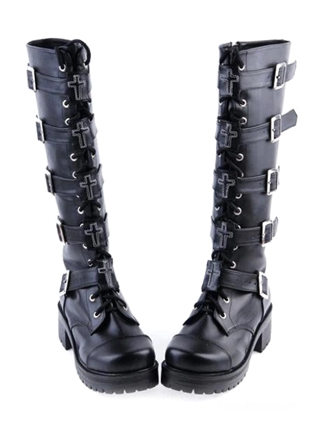 paired black gothic knee-high platform boots three-quarter paired view showing cross-shaped silver buckles and lace-up design