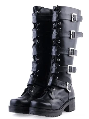 black gothic lolita knee-high platform boots with silver buckle straps three-quarter paired view showing chunky block heel