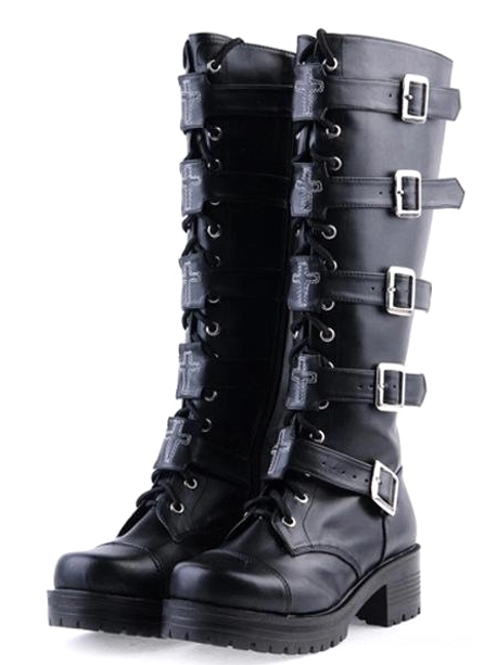 black gothic lolita knee-high platform boots with silver buckle straps three-quarter paired view showing chunky block heel