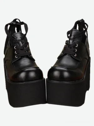 Gothic black lolita platform shoes front pair view with matte leather lace-up front and silver metal eyelets wedge sole
