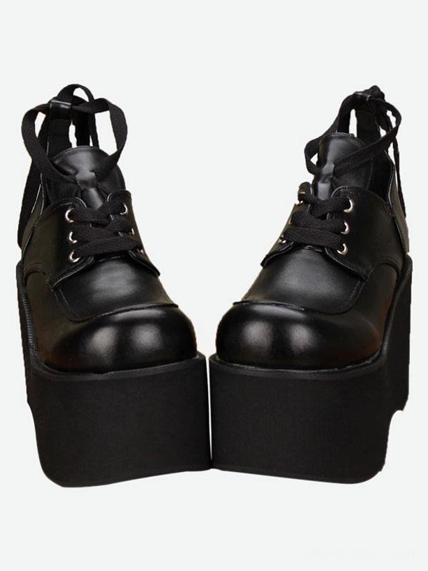Gothic black lolita platform shoes front pair view with matte leather lace-up front and silver metal eyelets wedge sole