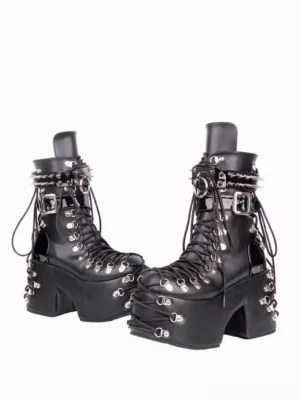 goth platform boots side profile view metal grommets lace-up closure chunky platform sole