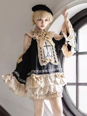 Gothic cross embroidery ouji lolita off-shoulder dress light apricot beige cold-shoulder ruffled sleeves front view model wearing black beret