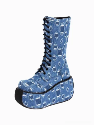 distressed denim platform gothic lolita combat boots left three-quarter view with black lace-up grommets and thick square platform sole