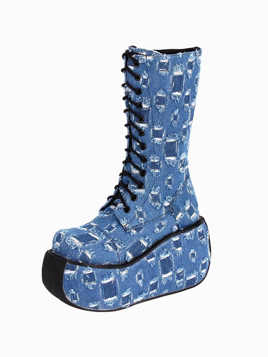distressed denim platform gothic lolita combat boots left three-quarter view with black lace-up grommets and thick square platform sole