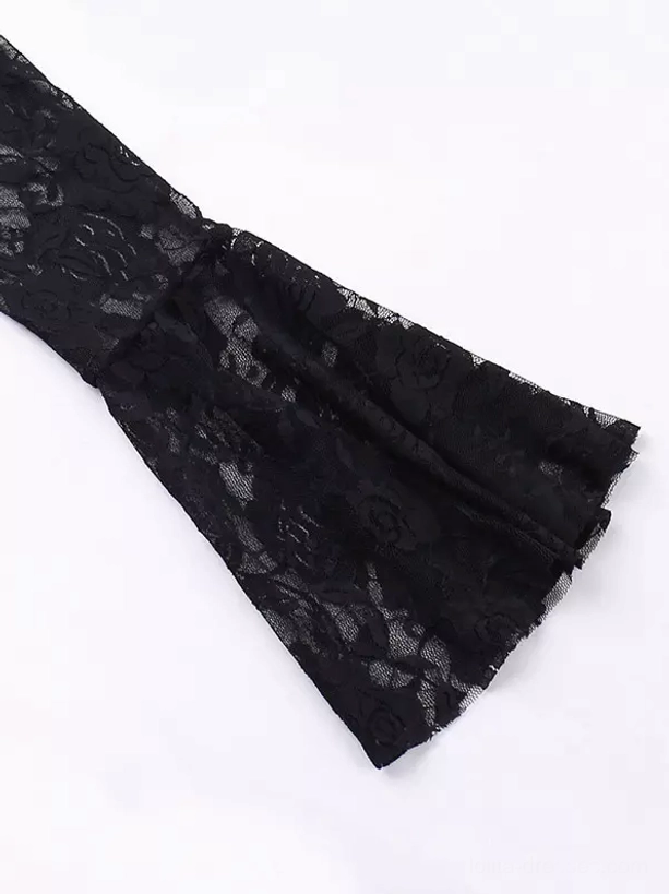 Flat lay side view close-up of gothic dress bell sleeve with sheer floral lace fabric, flared cuff design showcasing intricate lace details