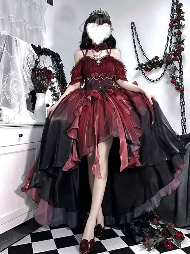 Burgundy Gothic Fairy Lolita dress front full body view with off-shoulder design and high-low hemline, featuring two-tone ombre red-black gradient and layered ruffles
