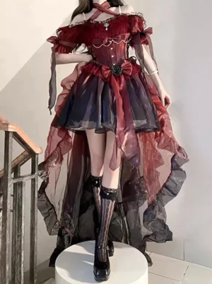 Red-black gradient Gothic Fairy Lolita dress with off-shoulder halter neckline, structured corset waist, high-low tulle train, and rose bow accents - front full-body wear view on female model