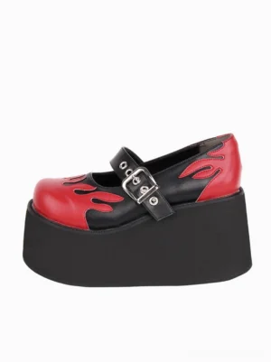 Single gothic flame platform pump shoe right side profile black wedge platform sole flame pattern vamp heel area detailed view