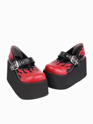 Gothic flame platform Mary Jane lolita shoes black-red color matching three-quarter top view white background silver buckle straps thick platform sole