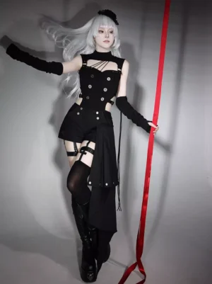 Gothic Harness Outfit side profile thigh-high stockings long black boots detachable fabric tail lolita