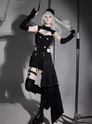 Black Gothic Harness Vest Shorts Arm Warmer Set front full-body view silver-haired model metal buckles cutout design