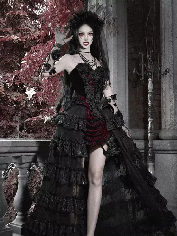 Gothic high-low corset gown lolita style with layered ruffles lace florals arm cuffs model full length