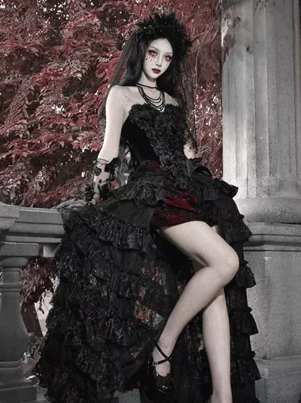 Gothic high-low strapless lolita corset dress with asymmetrical ruffles black lace model side view