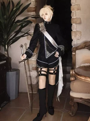 Side profile of gothic knight Ouji Lolita black outfit with silver embroidery stone archway background high heel boots