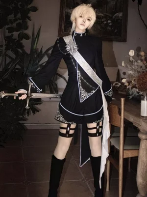 Black gothic knight Ouji Lolita cosplay outfit front view with silver embroidery satin sash and thigh harness