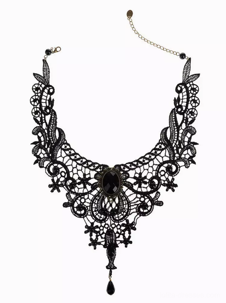 Black lace Gothic Lolita choker with adjustable metal extension chain three-quarter front angle