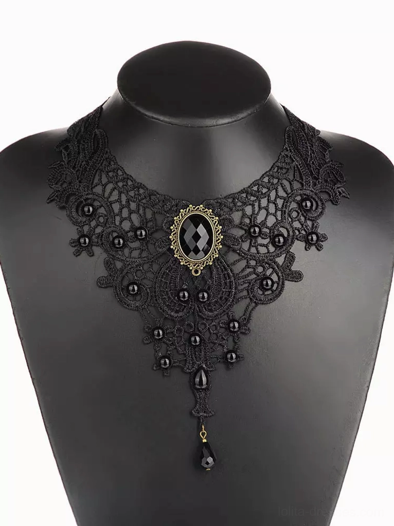 Black Gothic lace choker necklace worn on display bust mannequin showing full collar effect gold-toned frame