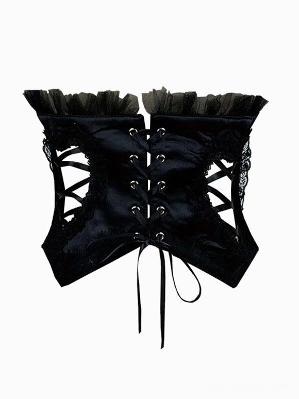 Lace-up gothic bustier corset flat lay front lace closure lace cutouts ruffles