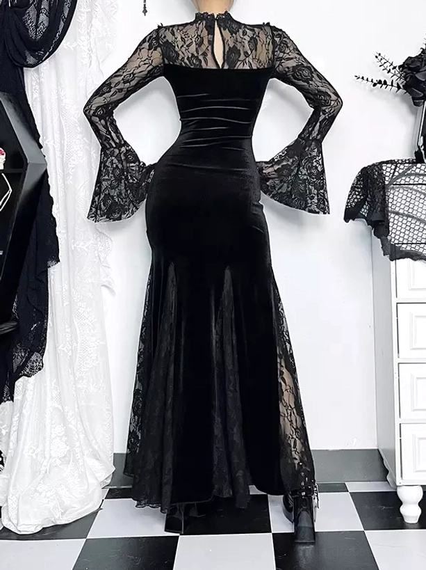 Back three-quarter view of gothic lace velvet maxi dress showing high stand collar, sheer lace back panel, and fitted silhouette on model