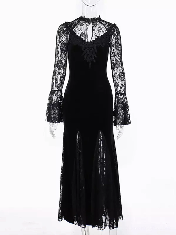 Flat lay front view of hanging gothic lace velvet mermaid dress displaying bell lace sleeves, fitted velvet bodice, and sheer fishtail skirt details