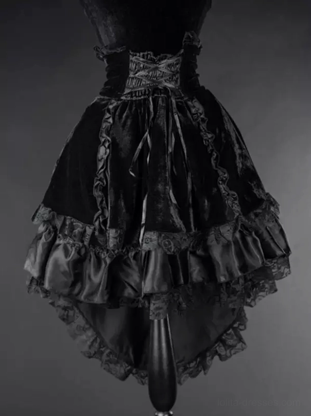 All-black Gothic Lolita high-low skirt black velvet lace ruffled layers lace-up waist asymmetrical hem dress form