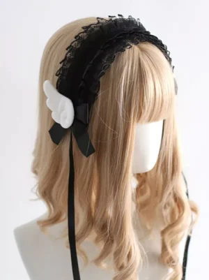 gothic lolita angel wing headband black ruffled lace white wings satin bow three-quarter view