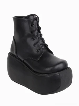 Single gothic lolita platform boot three-quarter front angle black round toe lace-up detail