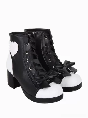 Gothic lolita ankle boots side profile showing ribbon laces side zipper chunky block wedge heel rivet details