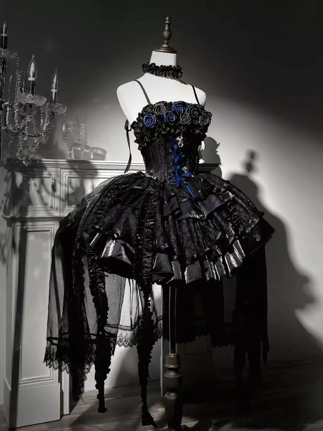 Black blue gothic lolita corset ball gown left back angle layered ruffle skirt long tulle side drapes halter neck choker
