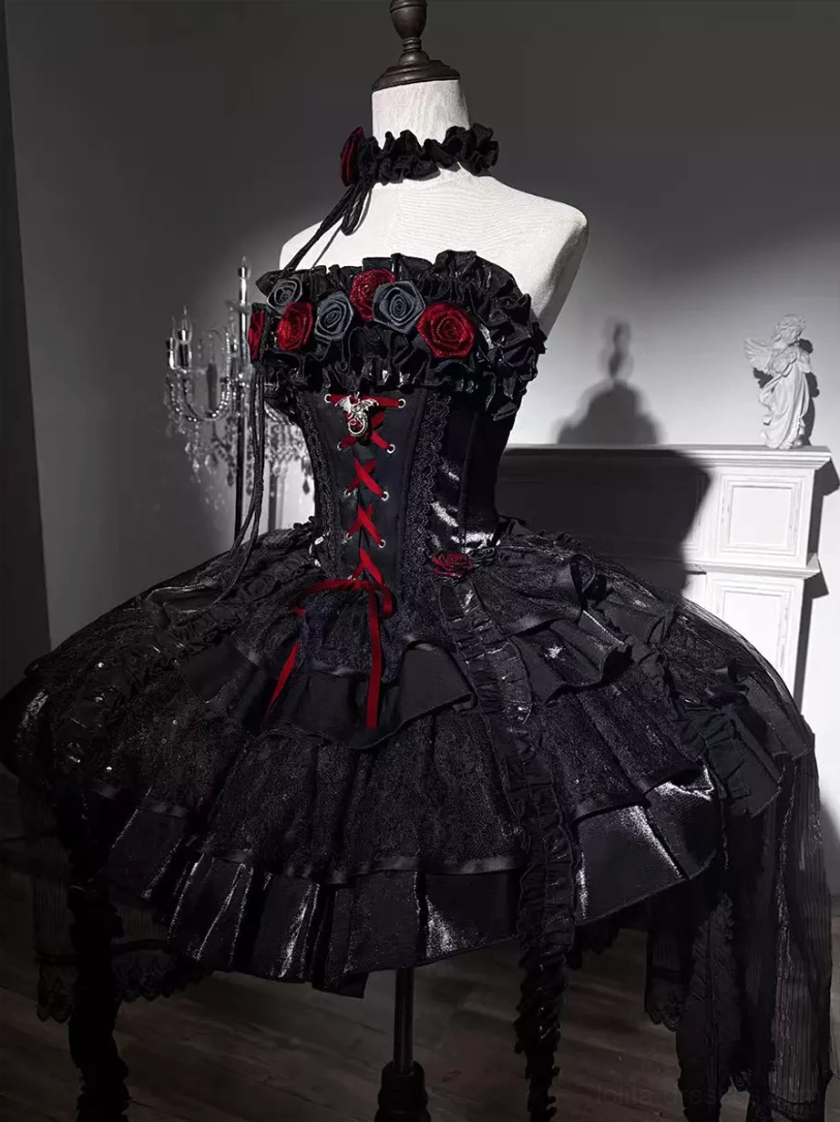 Black red gothic lolita ball gown right angle view with shiny satin fabric layered lace skirt choker detail
