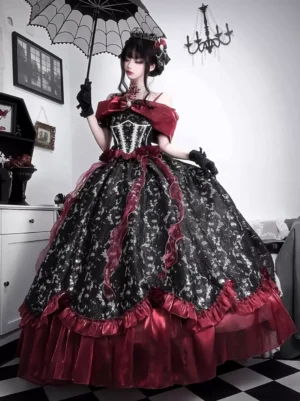 gothic lolita ball gown front view red and black color block ruffled skirt off-shoulder satin trim