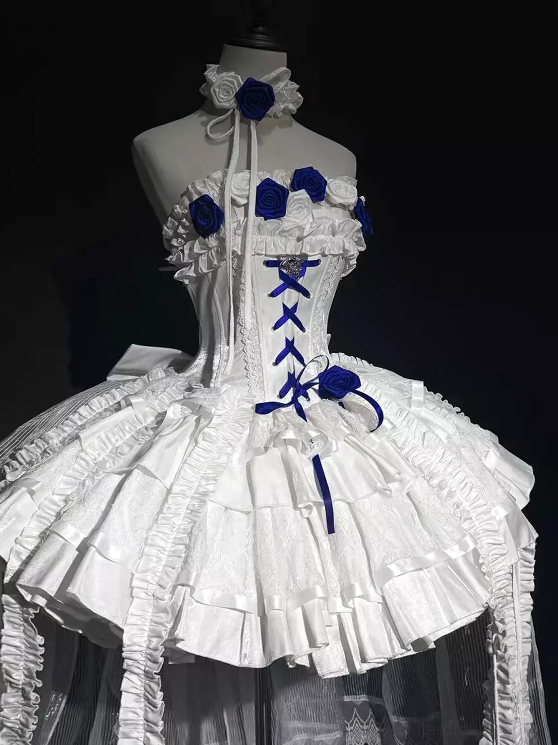 White blue gothic lolita ball gown front view blue rose trim blue lace-up bodice tiered ruffle ball skirt