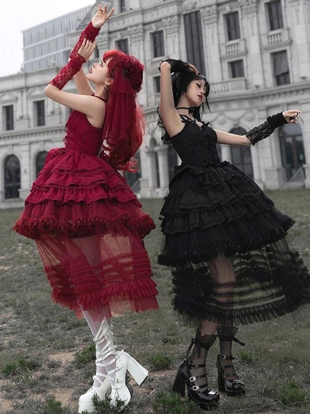 Gothic lolita ballet dresses back view dynamic double-model shot burgundy sheer tulle skirt black high-low skirt outdoor vintage building lawn