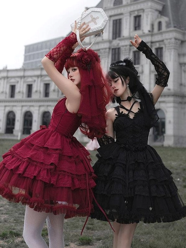 Gothic lolita ballet dresses dynamic double-model pose burgundy cross straps handbag black lace sleeves outdoor vintage building lawn