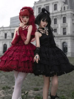 Gothic lolita ballet dress burgundy and black double-model full-body shot outdoor vintage European building lawn tiered ruffled skirts lace accessories