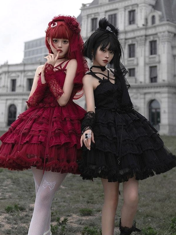 Gothic lolita ballet dress burgundy and black double-model full-body shot outdoor vintage European building lawn tiered ruffled skirts lace accessories