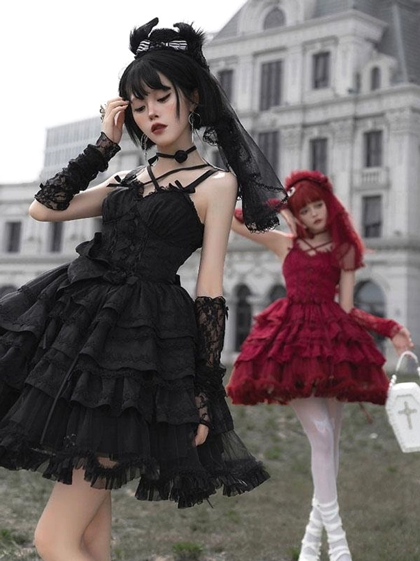 Gothic lolita ballet dresses close-up and full-view black lace gloves veil burgundy thigh-high stockings outdoor vintage architectural yard