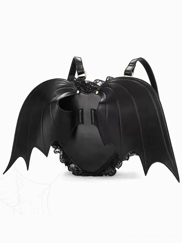 Gothic lolita bat wing backpack rear view showing adjustable shoulder straps gold hardware and lace hem details