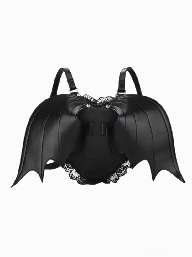 Gothic lolita bat wing backpack black PU leather front view with ruffles lace trim and heart-shaped body design