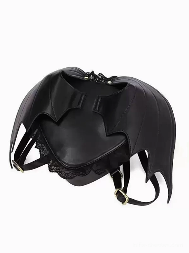 Gothic lolita bat wing backpack front low angle view with gold strap buckles adjustable straps and lace trim details