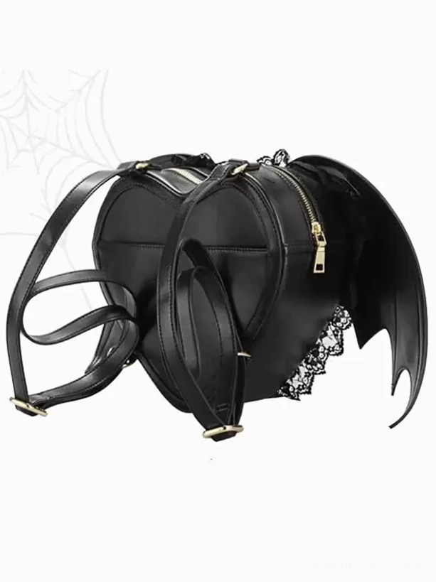 Gothic lolita bat wing backpack three-quarter rear view showing heart-shaped body side zipper and lace side trim PU leather
