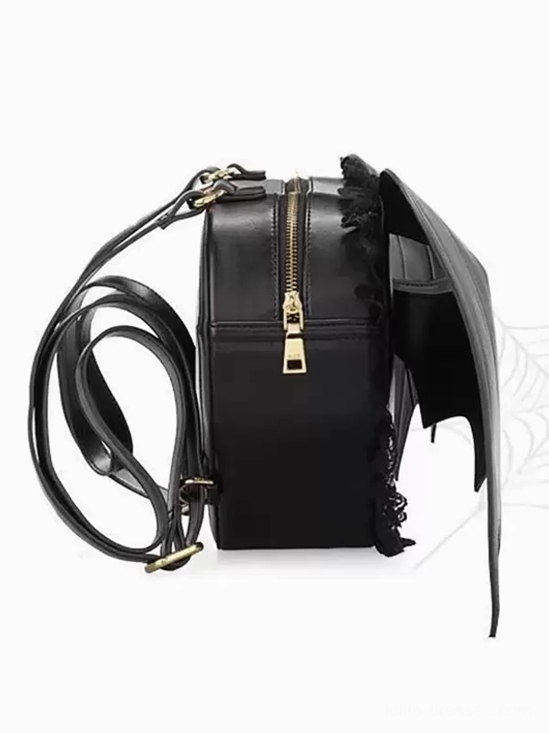 Gothic lolita bat wing backpack side view angle showing gold-toned zipper adjustable straps and structured silhouette