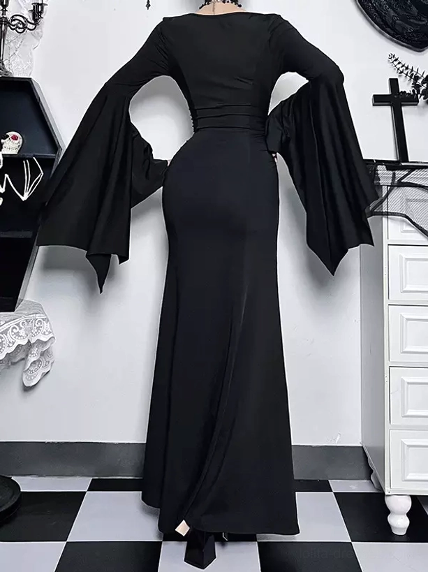 Gothic lolita mermaid dress back view showing fitted silhouette, high waist design, and bat-wing long sleeve details on model
